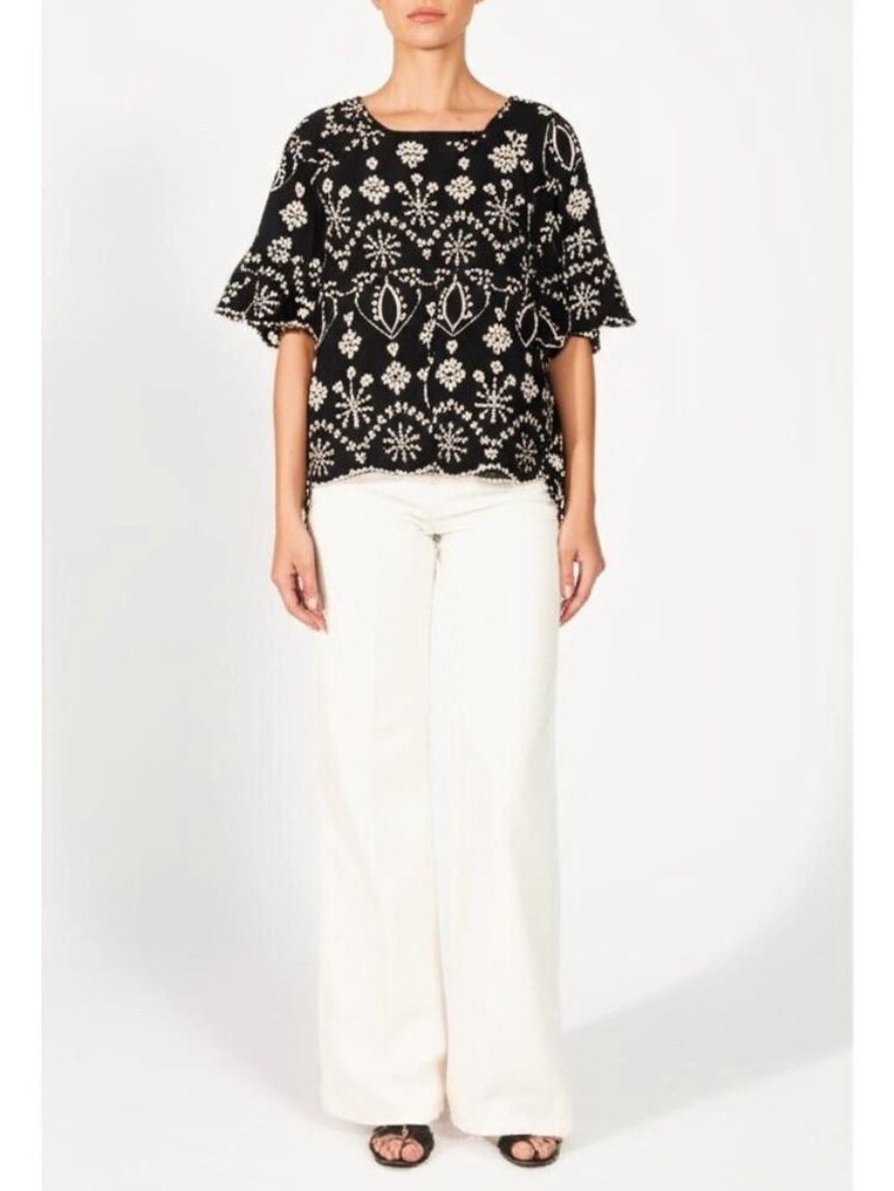 Given Kale Black White Eyelet Embroidered Scalloped Bell Sleeve Blouse Top